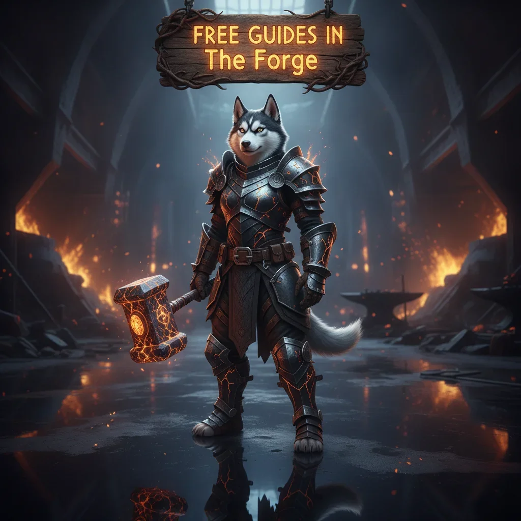 A husky character in a fantasy forge, surrounded by glowing tools and informational scrolls, representing game guides.