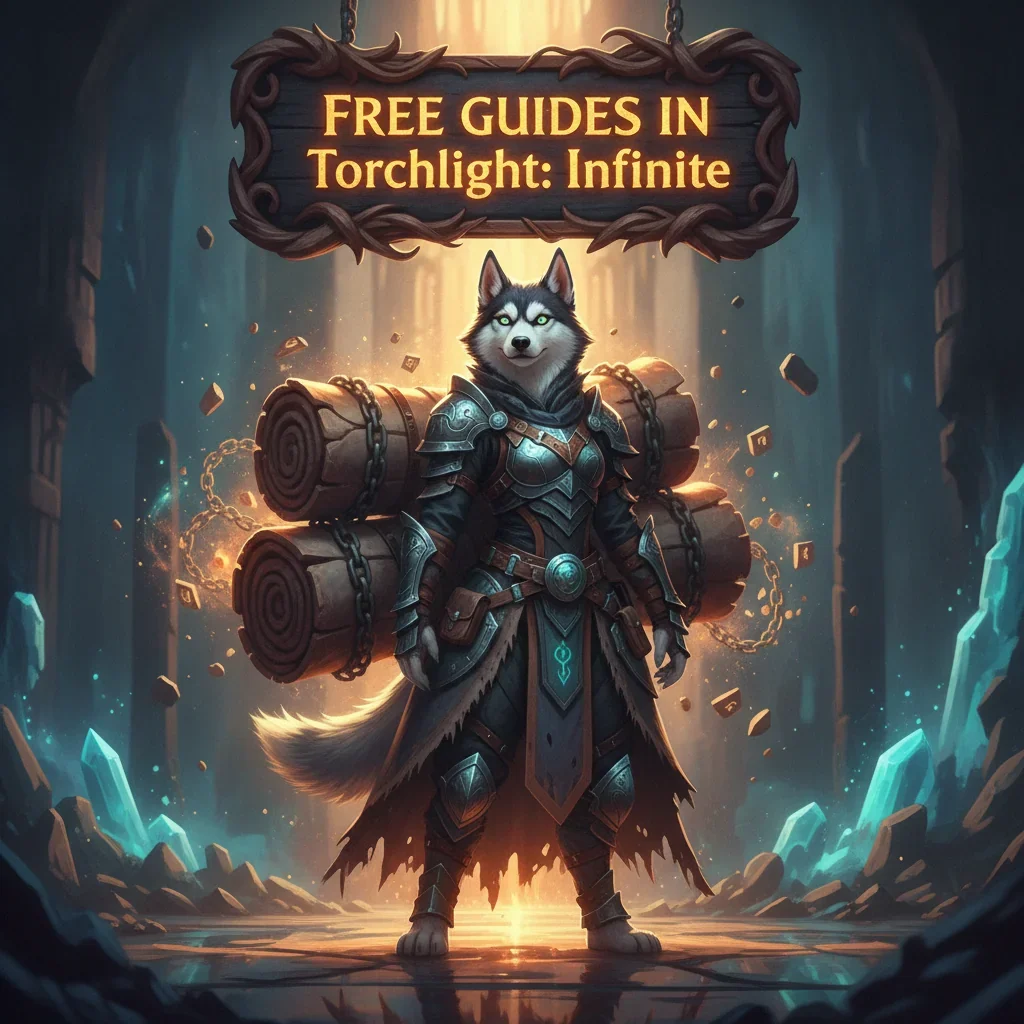 Fantasy artwork of an anthropomorphic husky in a magical forest, representing guides and content for Torchlight: Infinite.