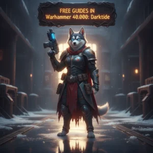 Fantasy artwork of an anthropomorphic Husky character in armor, themed around Warhammer 40,000: Darktide guides and content.