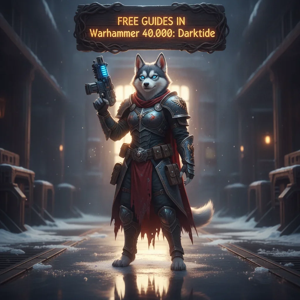 Fantasy artwork of an anthropomorphic Husky character in armor, themed around Warhammer 40,000: Darktide guides and content.