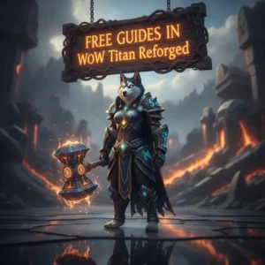 Fantasy artwork of an anthropomorphic husky character in a game-inspired environment, representing free guides for WoW Titan Reforged.