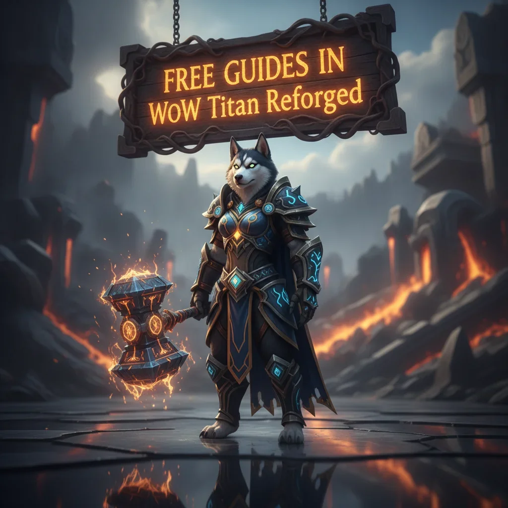 Fantasy artwork of an anthropomorphic husky character in a game-inspired environment, representing free guides for WoW Titan Reforged.