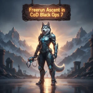 Fantasy artwork featuring an anthropomorphic husky character executing a dynamic freerun ascent in a game-inspired environment, representing movement objectives and challenge completion.