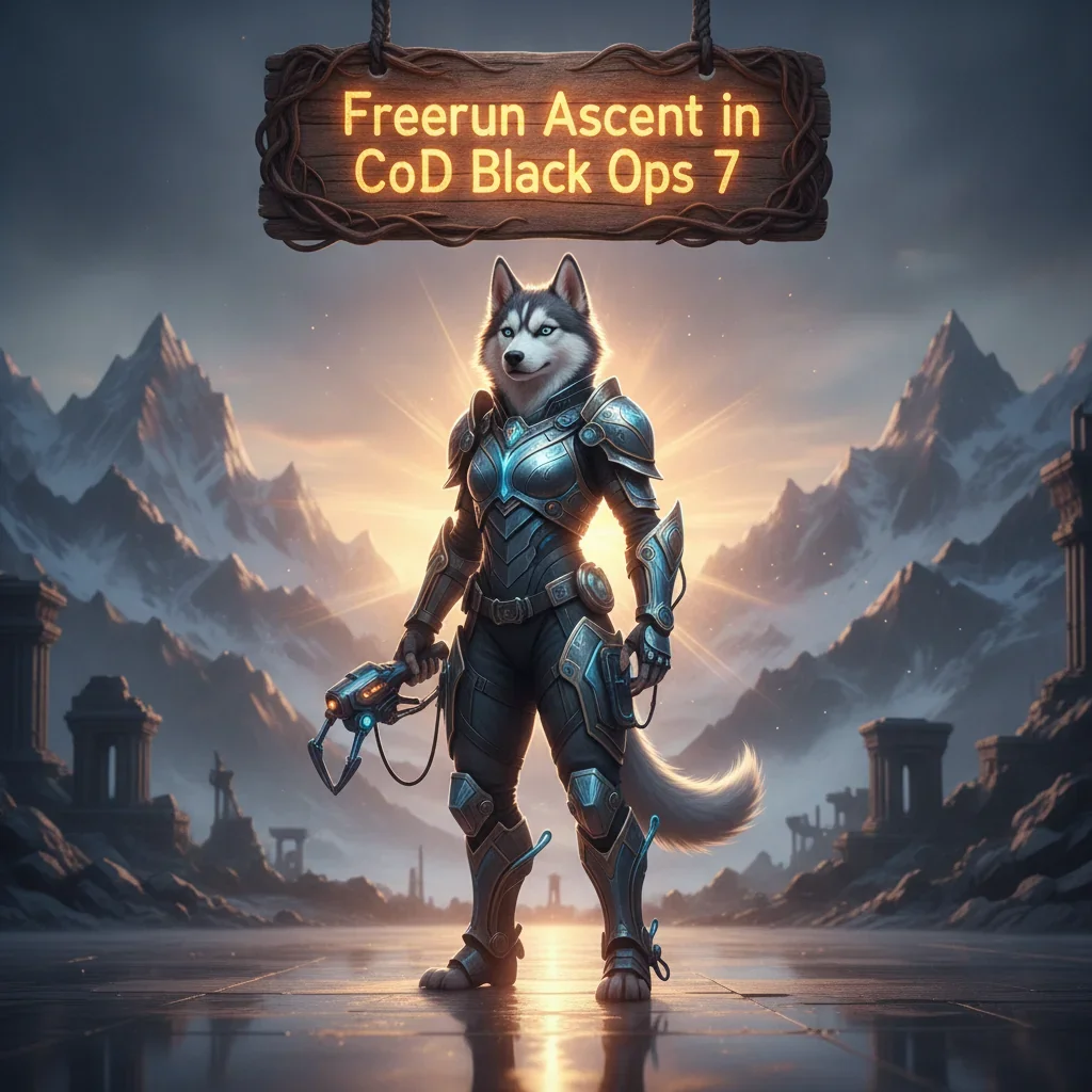Fantasy artwork featuring an anthropomorphic husky character executing a dynamic freerun ascent in a game-inspired environment, representing movement objectives and challenge completion.