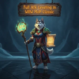 Fantasy artwork of an anthropomorphic husky character in Mists of Pandaria Classic, themed around full AFK leveling.