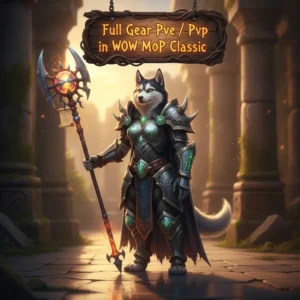 An anthropomorphic husky character in fantasy armor, representing full gear acquisition in WoW Mists of Pandaria Classic PvE and PvP content.