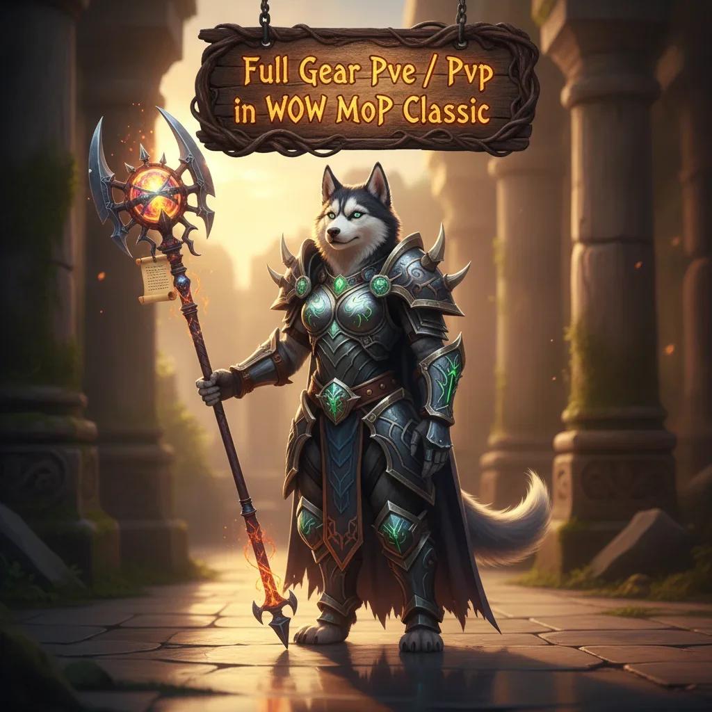 An anthropomorphic husky character in fantasy armor, representing full gear acquisition in WoW Mists of Pandaria Classic PvE and PvP content.