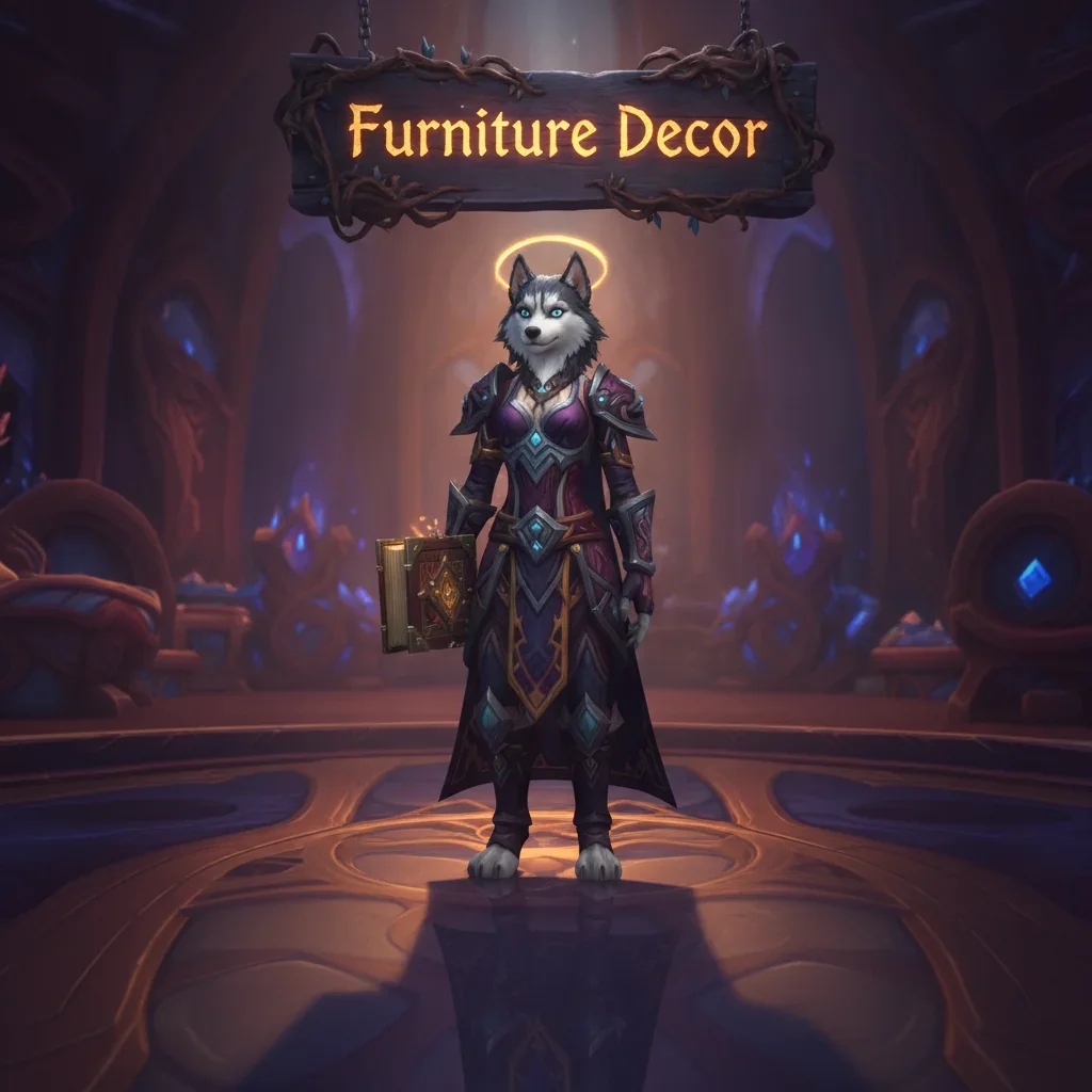 Anthropomorphic Husky in fantasy robes, set in a mystical midnight environment. Artwork focused on furniture decor and housing customization content.