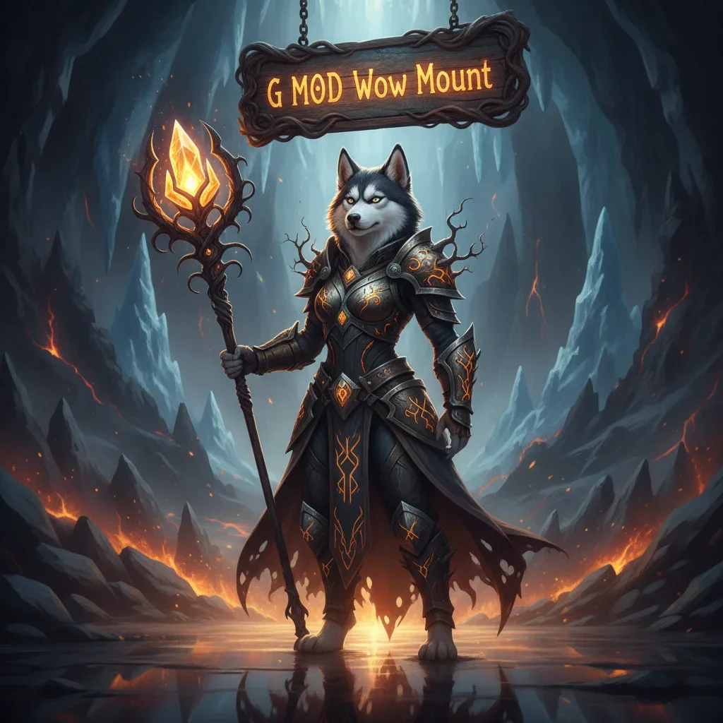Fantasy artwork featuring an anthropomorphic husky in themed armor, representing mount acquisition content in a dark, midnight-inspired World of Warcraft setting.