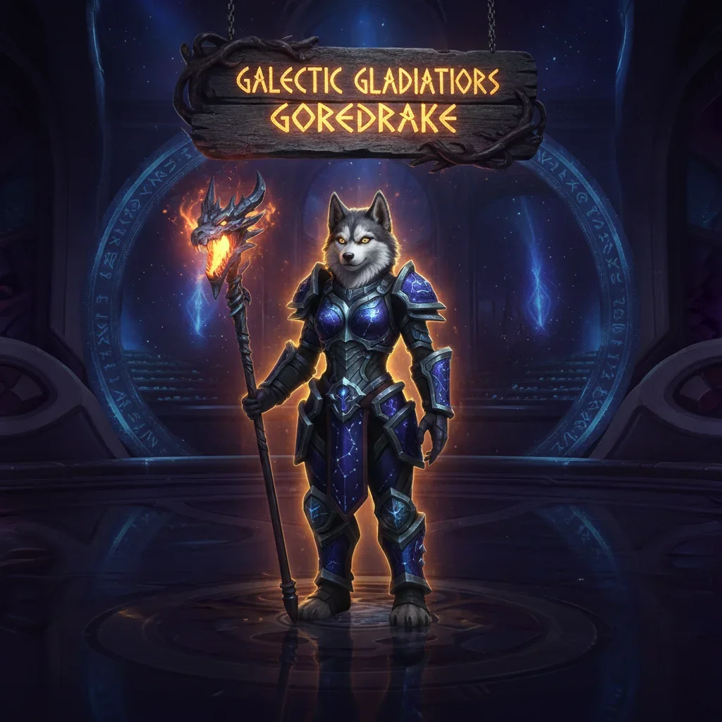 An anthropomorphic husky character in detailed fantasy armor, standing in a dynamic, game-inspired environment related to World of Warcraft Midnight, representing competitive arena challenges.
