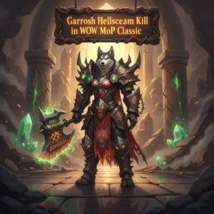 Artwork of an anthropomorphic husky in fantasy armor, themed around the Garrosh Hellscream encounter in WoW Mists of Pandaria Classic.