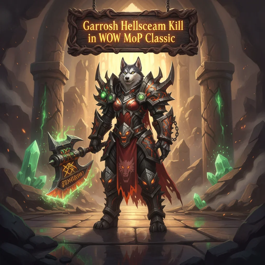 Artwork of an anthropomorphic husky in fantasy armor, themed around the Garrosh Hellscream encounter in WoW Mists of Pandaria Classic.