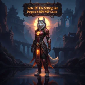 An anthropomorphic husky character in fantasy armor stands before an ornate gate, inspired by the Gate of the Setting Sun dungeon.