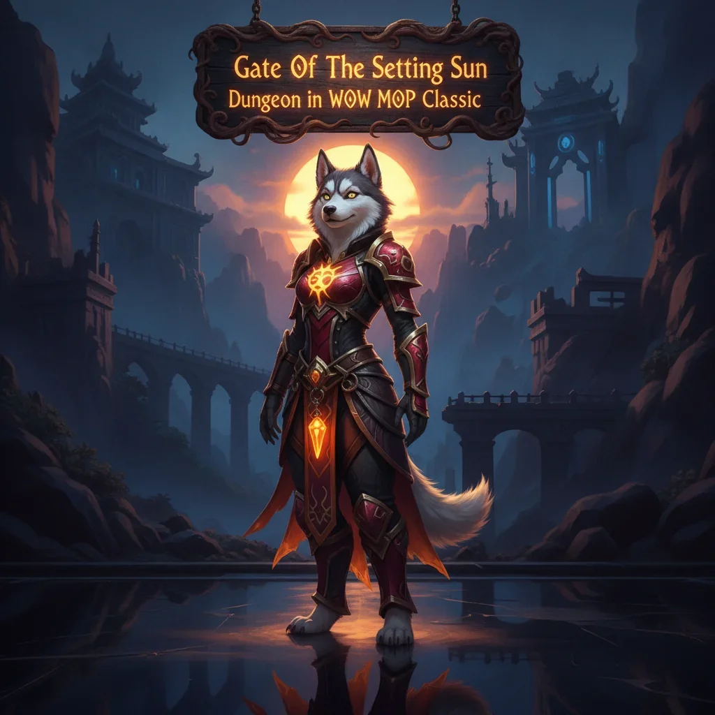 An anthropomorphic husky character in fantasy armor stands before an ornate gate, inspired by the Gate of the Setting Sun dungeon.
