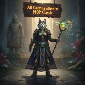 A fantasy game-inspired image with an anthropomorphic Husky character themed around gear progression.