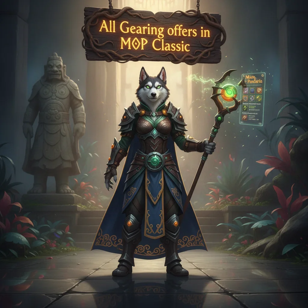 A fantasy game-inspired image with an anthropomorphic Husky character themed around gear progression.