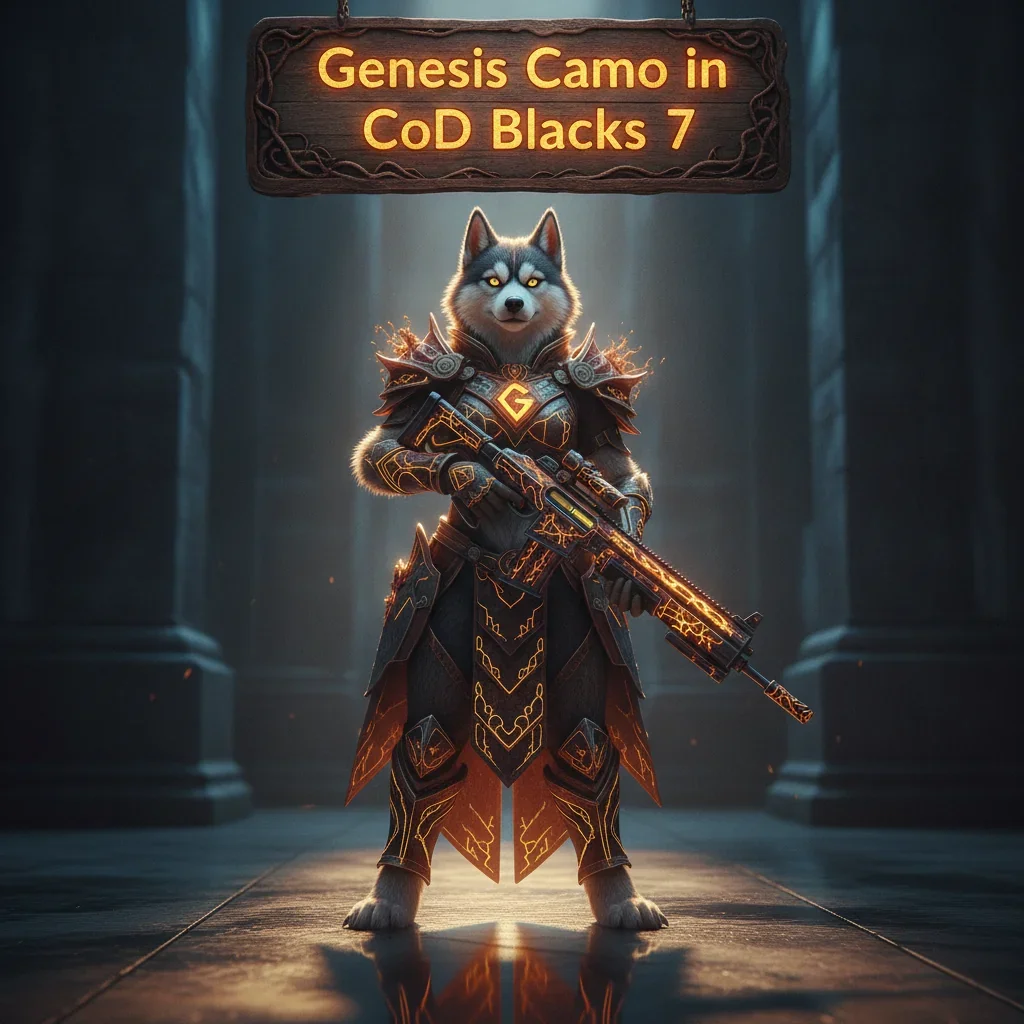 An anthropomorphic Husky character in fantasy game-inspired artwork, representing the Genesis Camo unlock system and weapon cosmetic challenges.