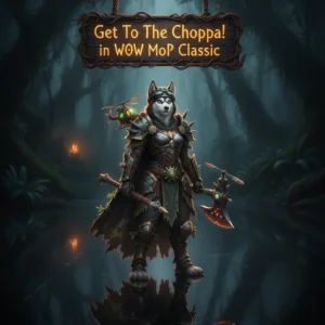 Fantasy artwork of an anthropomorphic husky character with a helicopter, themed around World of Warcraft: Mists of Pandaria Classic boost.