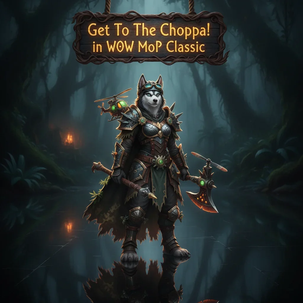 Fantasy artwork of an anthropomorphic husky character with a helicopter, themed around World of Warcraft: Mists of Pandaria Classic boost.