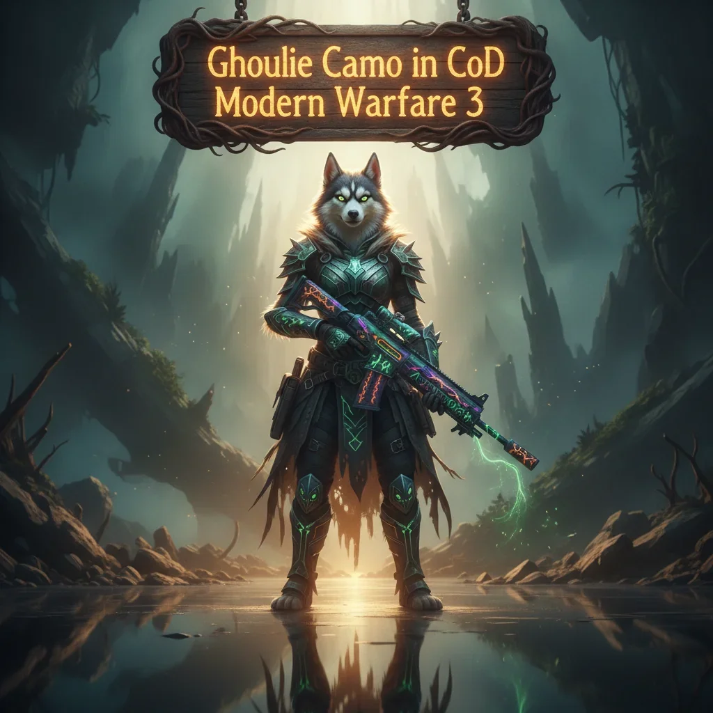 Fantasy artwork of an anthropomorphic husky character in a ghoul-themed outfit, representing cosmetic content progression and appearance unlocks in a game.