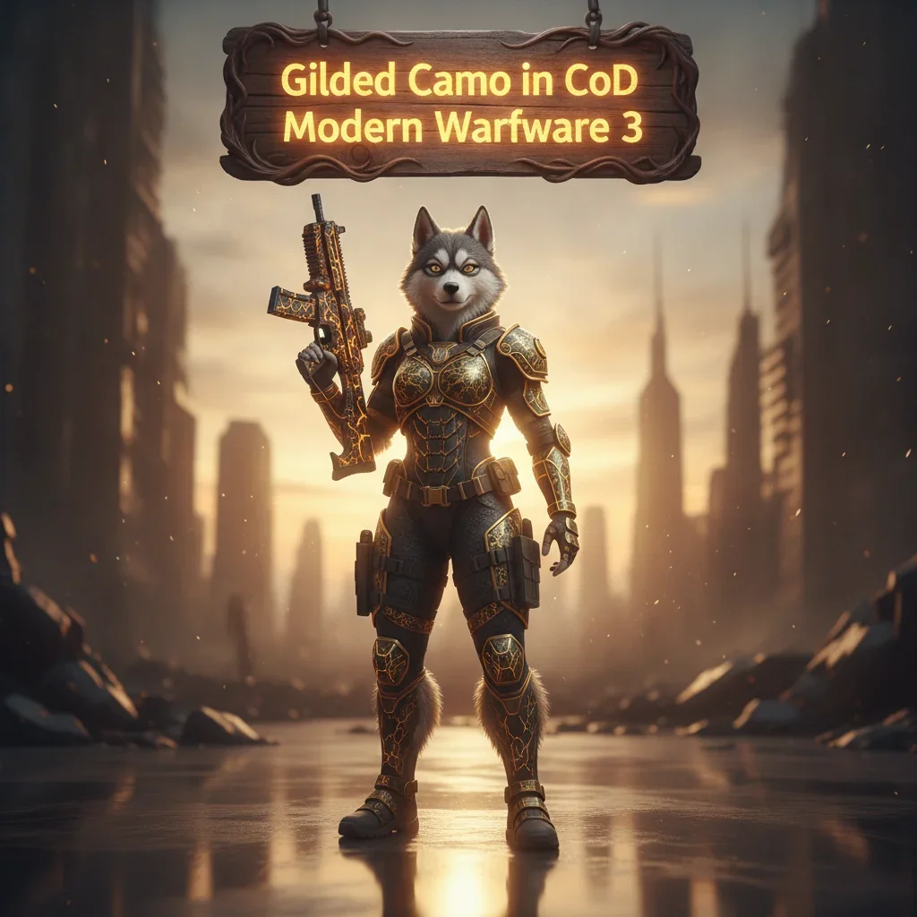 Fantasy artwork of an anthropomorphic husky character in ornate armor, representing Gilded Camo challenges and weapon cosmetic progression in a fantasy game setting.