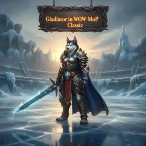Fantasy artwork featuring an anthropomorphic Husky character themed around gladiator combat objectives in Mists of Pandaria Classic.