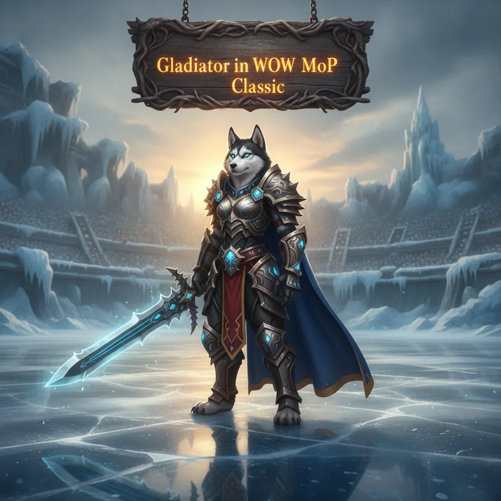 Fantasy artwork featuring an anthropomorphic Husky character themed around gladiator combat objectives in Mists of Pandaria Classic.