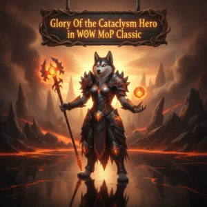 A fantasy game-inspired image of an anthropomorphic husky character, themed around the Glory of the Cataclysm Hero achievement.