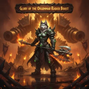 Fantasy artwork of an armored anthropomorphic husky in a dark raid setting. Themed on 'Glory of the Orgrimmar Raider' achievement in WoW MoP Classic.
