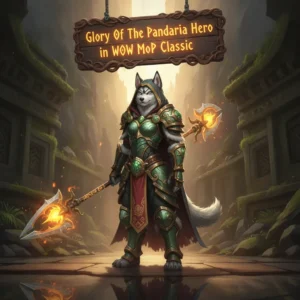 An anthropomorphic Husky in fantasy armor, set against a backdrop inspired by the Mists of Pandaria Classic expansion.