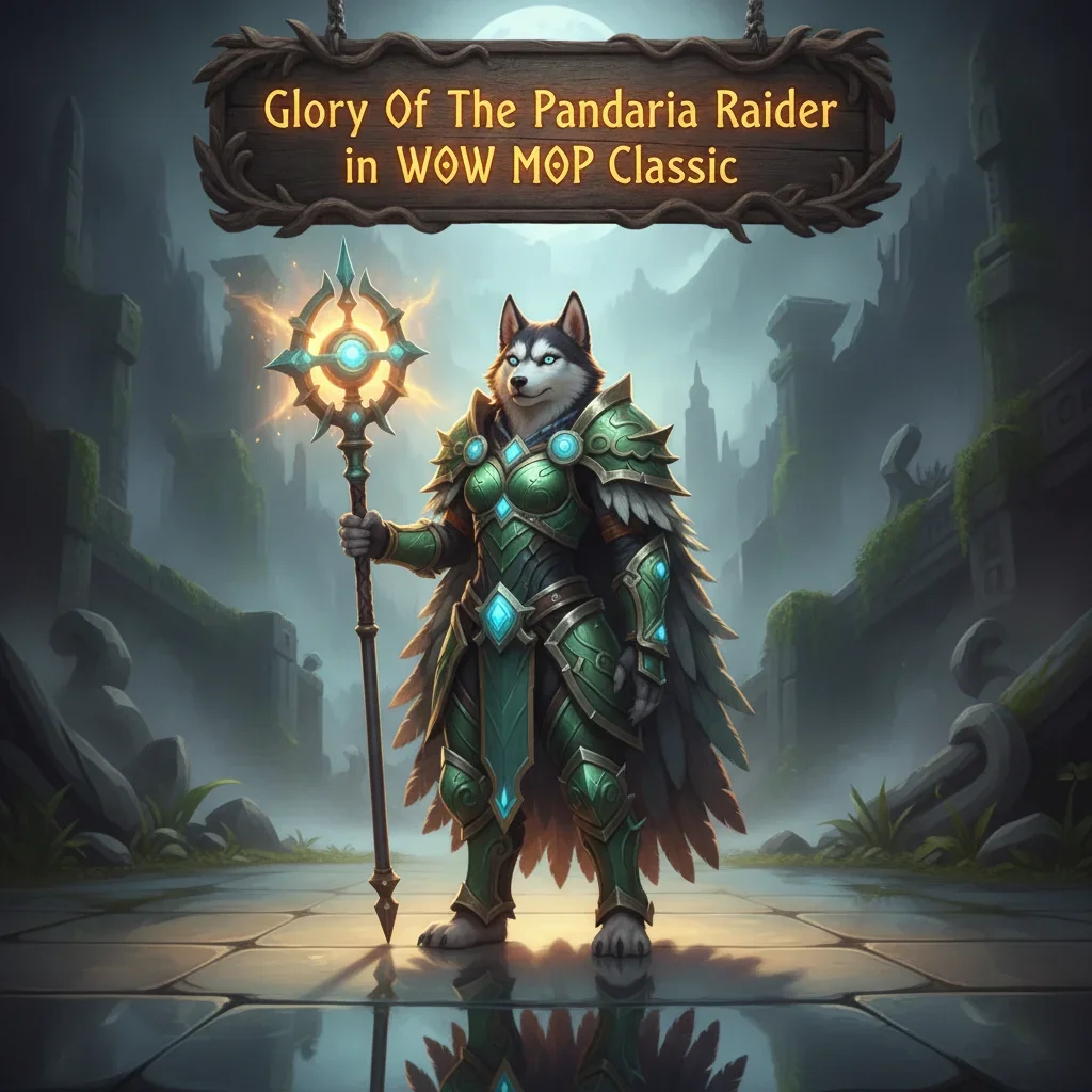 Fantasy game artwork with an anthropomorphic Husky character in armor, themed around World of Warcraft Mists of Pandaria Classic raid objectives and challenges.