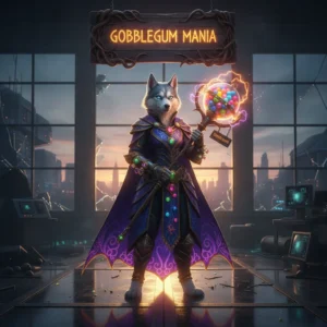 Fantasy artwork featuring an anthropomorphic husky in a themed outfit, representing Gobblegum Mania content and enhancement in Call of Duty Black Ops 6. The environment is dark and game-inspired.