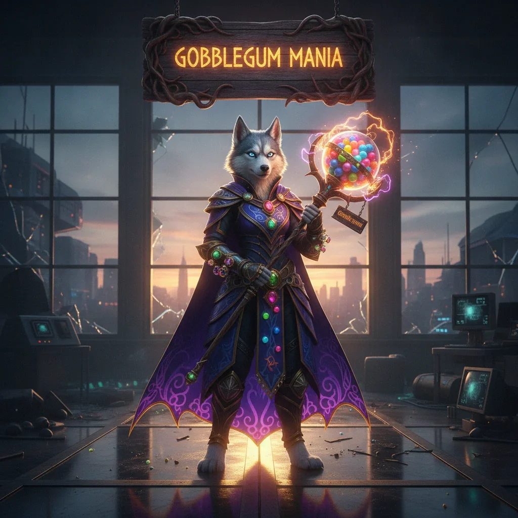 Fantasy artwork featuring an anthropomorphic husky in a themed outfit, representing Gobblegum Mania content and enhancement in Call of Duty Black Ops 6. The environment is dark and game-inspired.