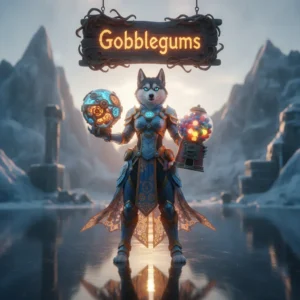 An anthropomorphic husky character in detailed fantasy attire, standing heroically in a mystical game-inspired environment, representing Gobblegums boost content and advantages.