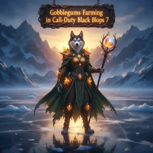 An anthropomorphic husky in fantasy attire, standing in an enchanted, game-inspired landscape, represents Gobblegums resource farming content and objectives.