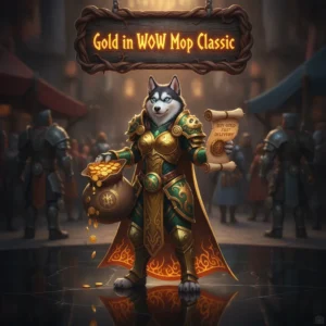 Fantasy artwork featuring an anthropomorphic Husky character, themed around gold accumulation in World of Warcraft Mists of Pandaria Classic.