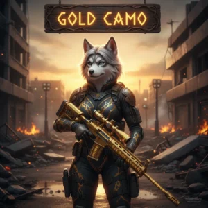 Fantasy art of an anthropomorphic husky in themed attire. Inspired by Gold Camo content and weapon customization for Call of Duty Black Ops 6.