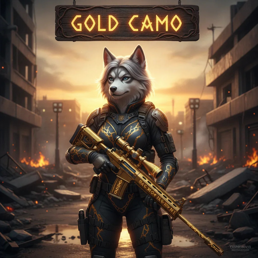 Fantasy art of an anthropomorphic husky in themed attire. Inspired by Gold Camo content and weapon customization for Call of Duty Black Ops 6.