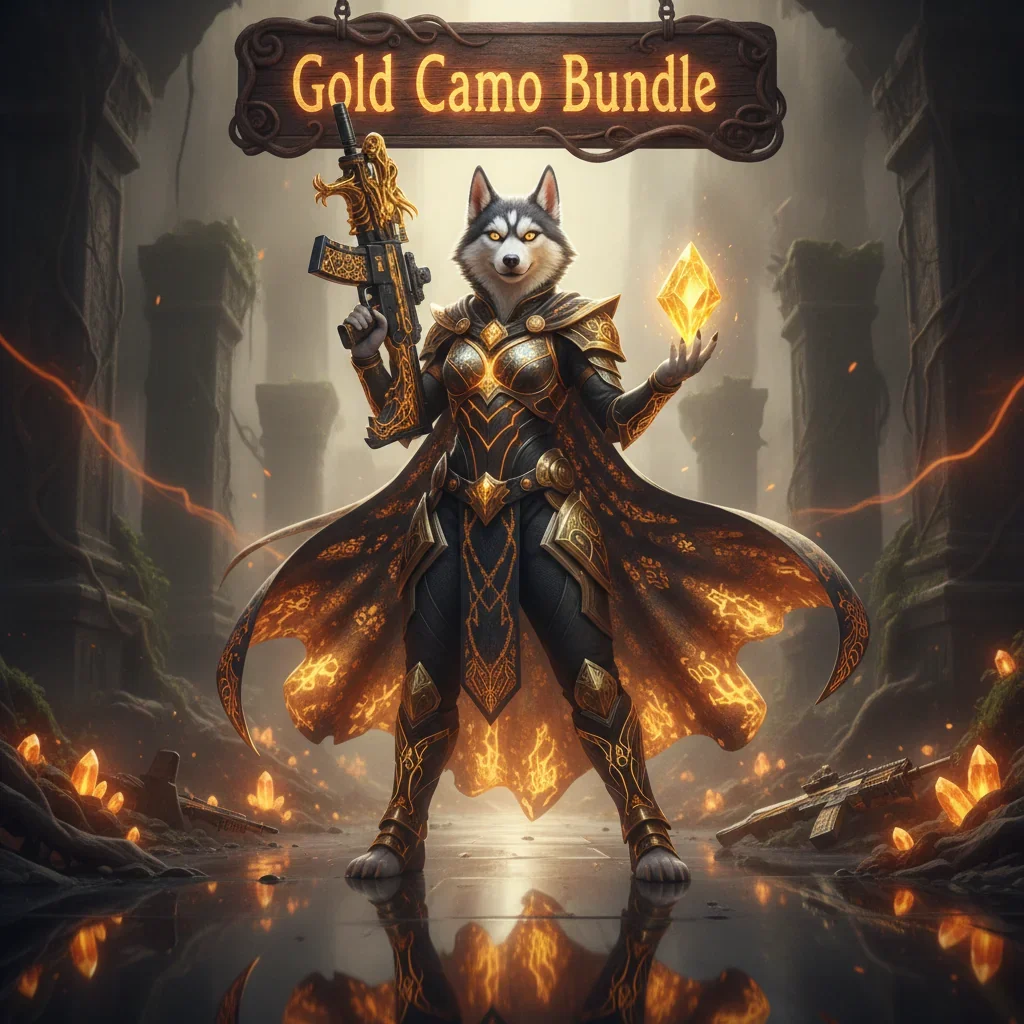 Fantasy artwork featuring an anthropomorphic Husky in themed armor, representing Call of Duty Black Ops 6 Gold Camo unlock objectives.