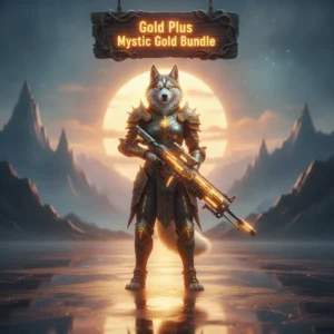 Anthropomorphic Husky character in majestic fantasy armor, standing in a magical landscape, themed around a "Gold Plus Mystic Gold Bundle Boost" for game resources.