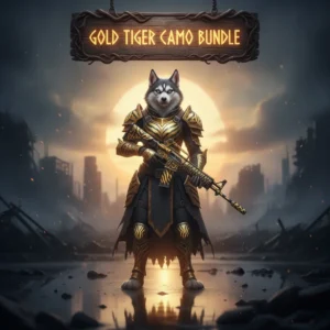 An anthropomorphic husky warrior in fantasy armor related to a gold tiger camouflage theme, set in a mystical environment. This artwork represents cosmetic bundle rewards and related objectives in a fantasy game.