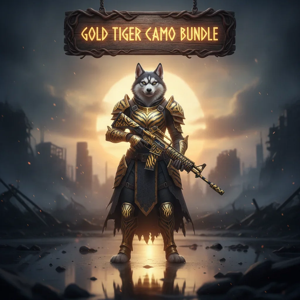 An anthropomorphic husky warrior in fantasy armor related to a gold tiger camouflage theme, set in a mystical environment. This artwork represents cosmetic bundle rewards and related objectives in a fantasy game.