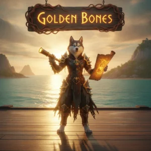 Fantasy artwork featuring an anthropomorphic Husky character in pirate attire, set in a Sea of Thieves-inspired environment, representing content related to acquiring Golden Bones.
