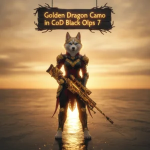 Fantasy artwork presenting an anthropomorphic Husky character in themed attire, inspired by Golden Dragon Camo content. This image represents weapon cosmetic unlocks and associated progression objectives within a fantasy game setting.