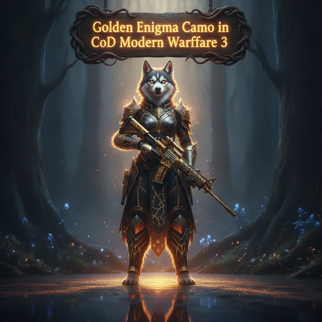 Anthropomorphic Husky character in fantasy armor, inspired by the Golden Enigma Camo unlock in gaming. The artwork represents prestigious weapon customization objectives within a fantasy setting.