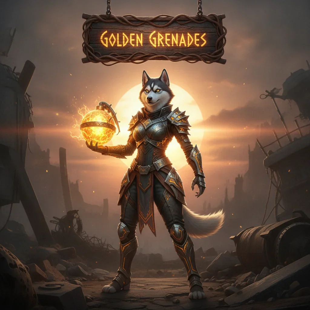 Fantasy artwork of an anthropomorphic Husky character in elaborate armor, set in a dark, ominous fantasy environment, themed around utilizing powerful items for a major challenge against a formidable beast.