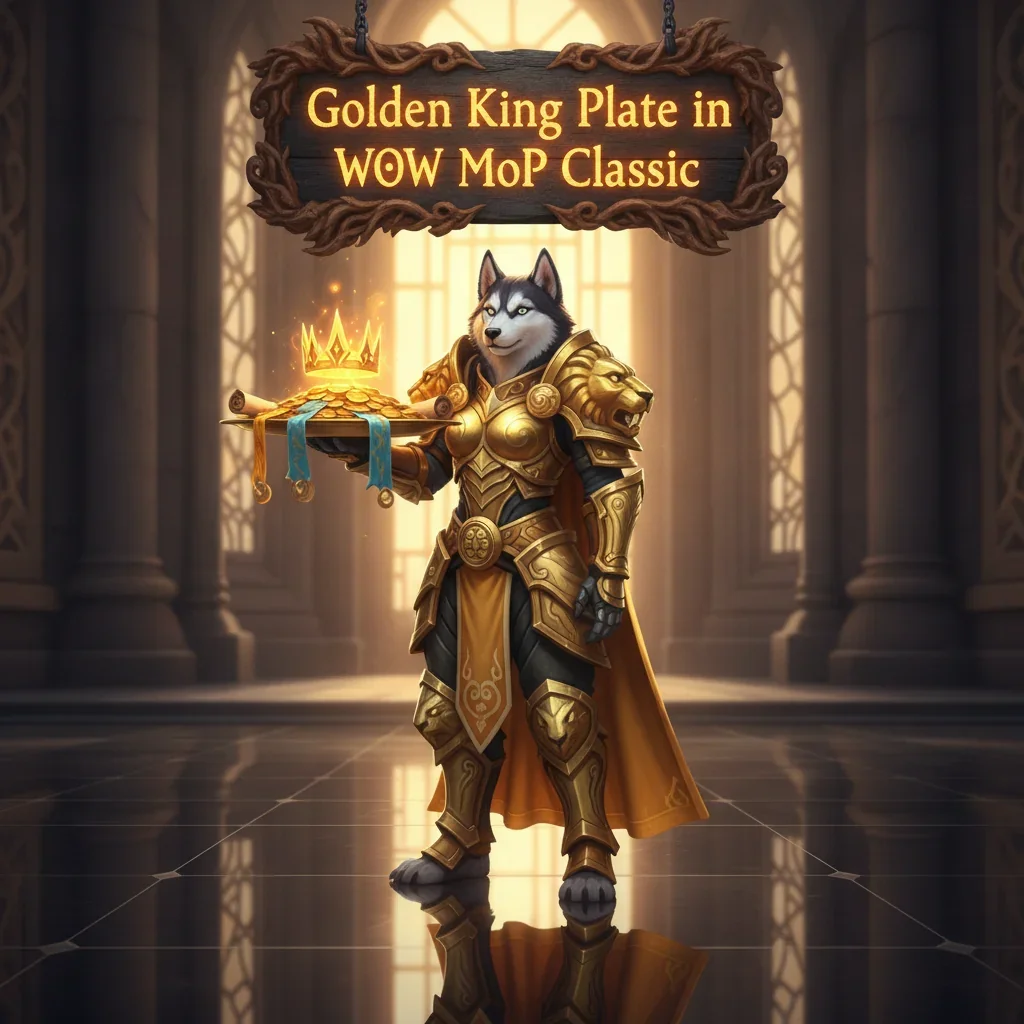 An anthropomorphic Husky character in golden plate armor, inspired by fantasy game content and objectives.
