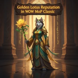 Fantasy artwork featuring an anthropomorphic Husky character, themed around Golden Lotus reputation in WoW Mists of Pandaria Classic.