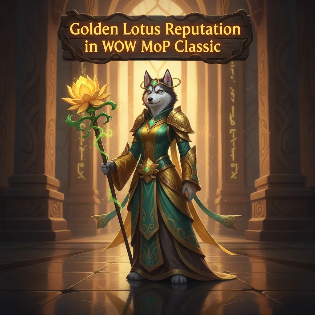Fantasy artwork featuring an anthropomorphic Husky character, themed around Golden Lotus reputation in WoW Mists of Pandaria Classic.