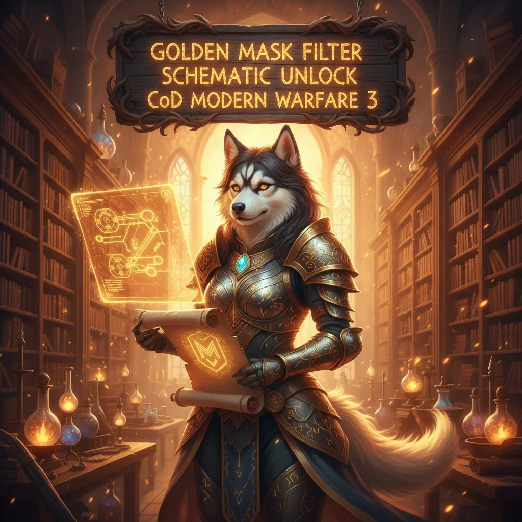 An anthropomorphic husky character in an enchanted fantasy setting, dressed in intricate themed attire, symbolizing the accelerated unlocking of a powerful Golden Mask Filter schematic.